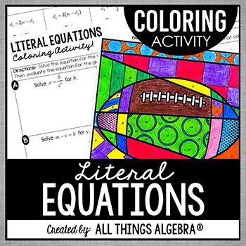 literal equations worksheet coloring activity answer key